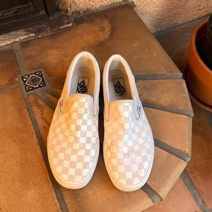 Vans Classic Slip-On Checkerboard Shoe, Tan/White, Sz 11 Women, Sz 9.5 Men